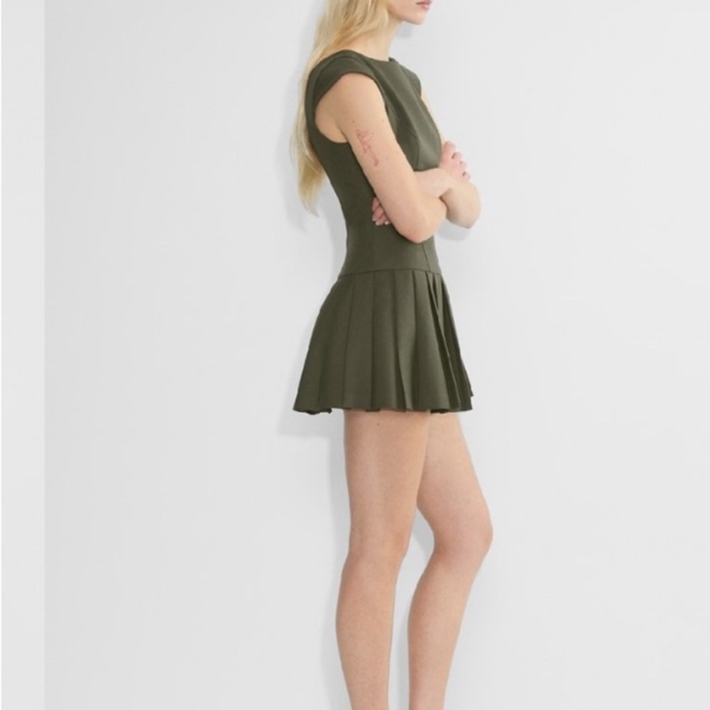 NWT Aritzia Olive Green Cap-Sleeve Pleated Mini Dress